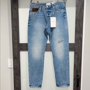 OVADIA Light Blue Straight Taper Jeans with Calf Hair Accents & Studs NWT 34x33